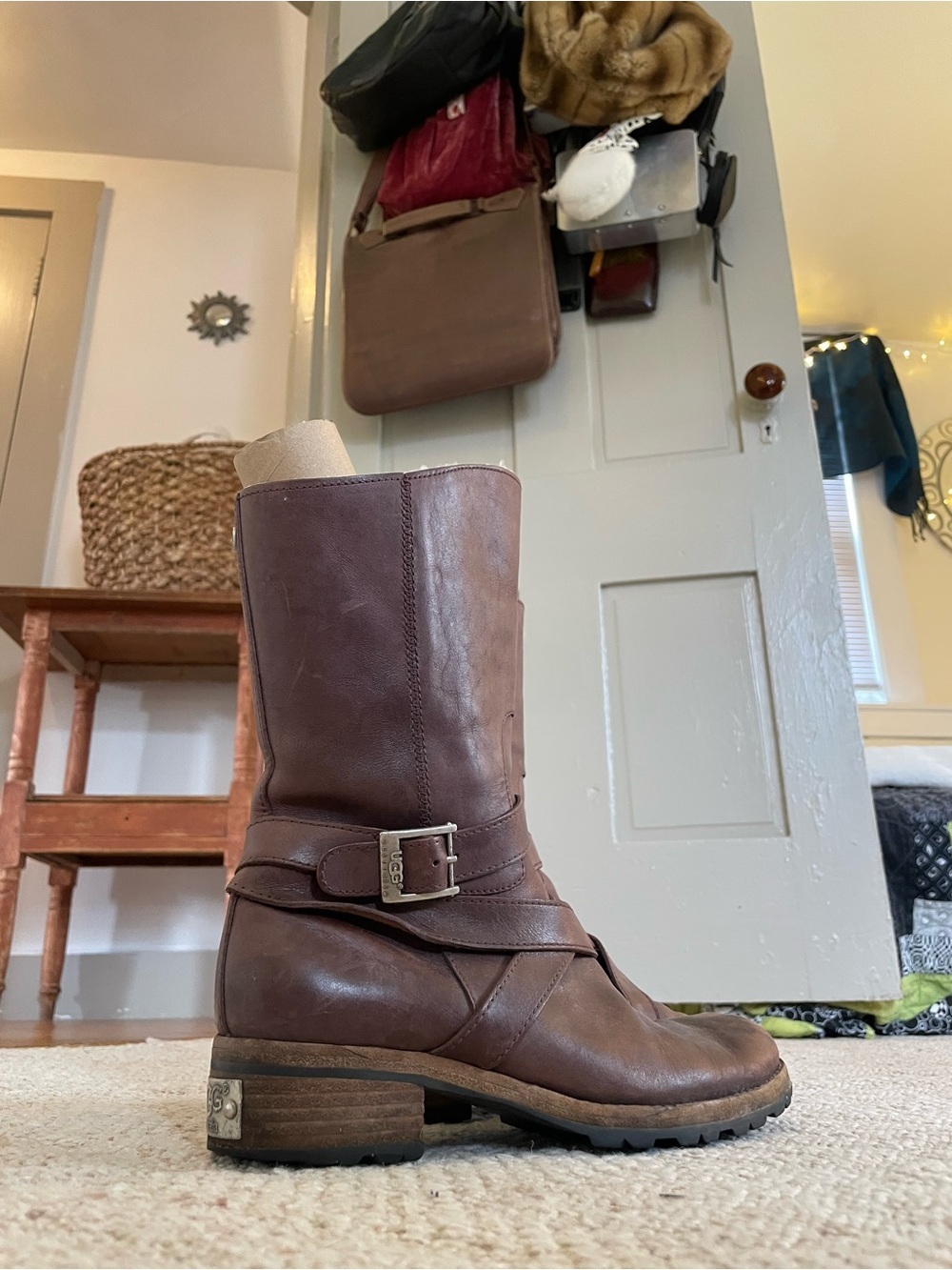 UGG Australia Vintage Chestnut Brown Leather Sherpa Line Branded Boots Comfy Y2K - Picture 2 of 16